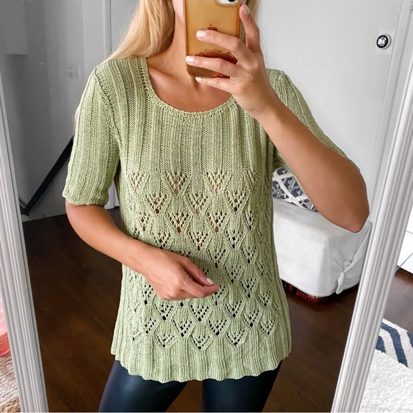 🌿 CASUAL GREEN CROCHET KNIT SHIRT SLEEVE TOP! - Picture 6 of 10